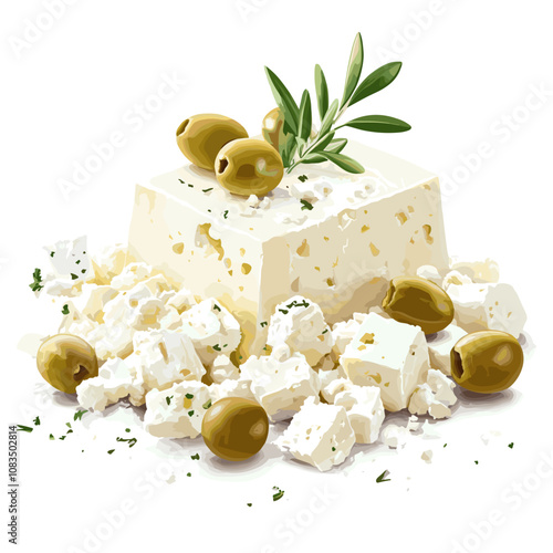 Crumbled Feta Cheese with Olives and Olive Leaves – Greek Cuisine Art