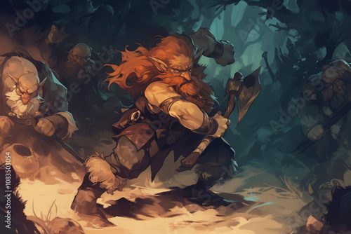Fantasy Warrior Dwarf Battling Fierce Enemies in Enchanted Forest