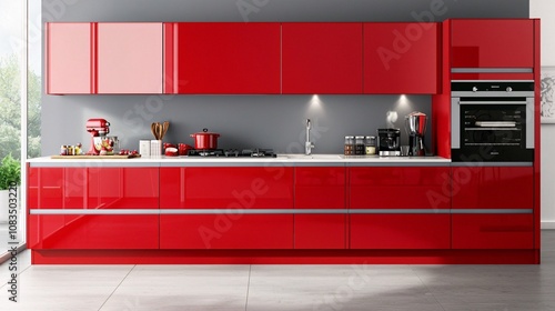Modern and Stylish Red Kitchen Design Featuring Sleek Cabinets, High-End Appliances, and Bright Lighting Creating an Inviting Culinary Space