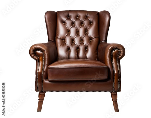 A classic vintage leather armchair with rich patina and sturdy wooden legs, exuding timeless charm. Perfect for a cozy reading nook or elegant living space, it blends style and comfort seamlessl photo