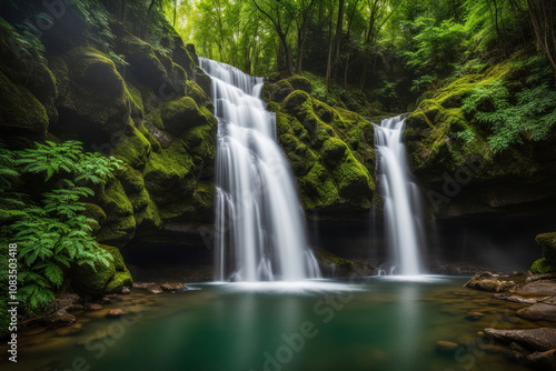 Serene twin waterfalls cascading into a moss-covered pool within a lush green forest.