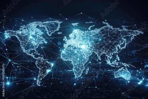 A digital world map with interconnected nodes, representing global connectivity and technology.