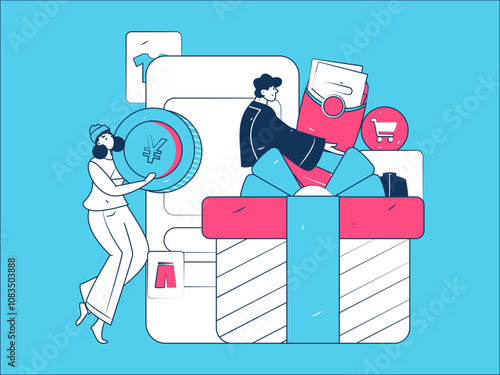 Holiday shopping people doing e-commerce online shopping flat vector concept operation hand drawn illustration
 photo