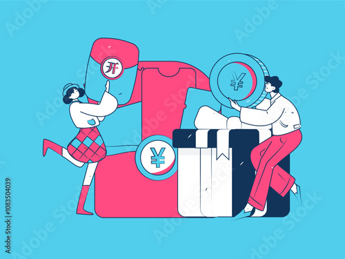 Holiday shopping people doing e-commerce online shopping flat vector concept operation hand drawn illustration
 photo