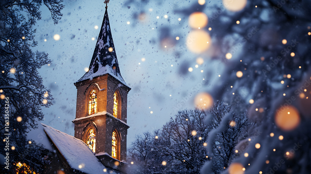 Naklejka premium Serene Winter Scene Featuring a Snow-Covered Church Steeple Illuminated by Soft Evening Lights Amidst Falling Snowflakes and Frosty Trees