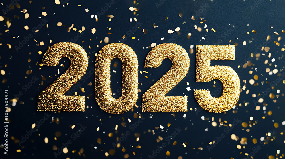 Fototapeta premium Golden glitter 2025 numbers with festive confetti celebration