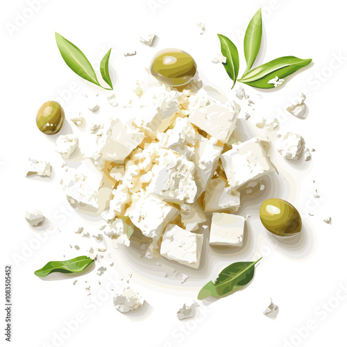 Crumbled Feta Cheese with Olives and Olive Leaves – Greek Cuisine Art