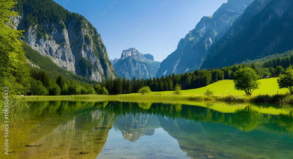 Fototapeta premium A serene mountain lake surrounded by lush greenery, forests, and towering rocky peaks.