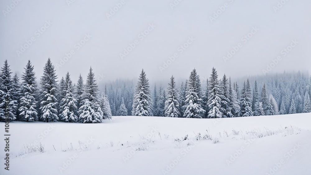 Naklejka premium Dense forest of snow-covered evergreen trees