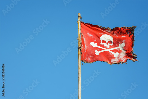 Red pirate flag jolly roger on sky background, copyspace photo