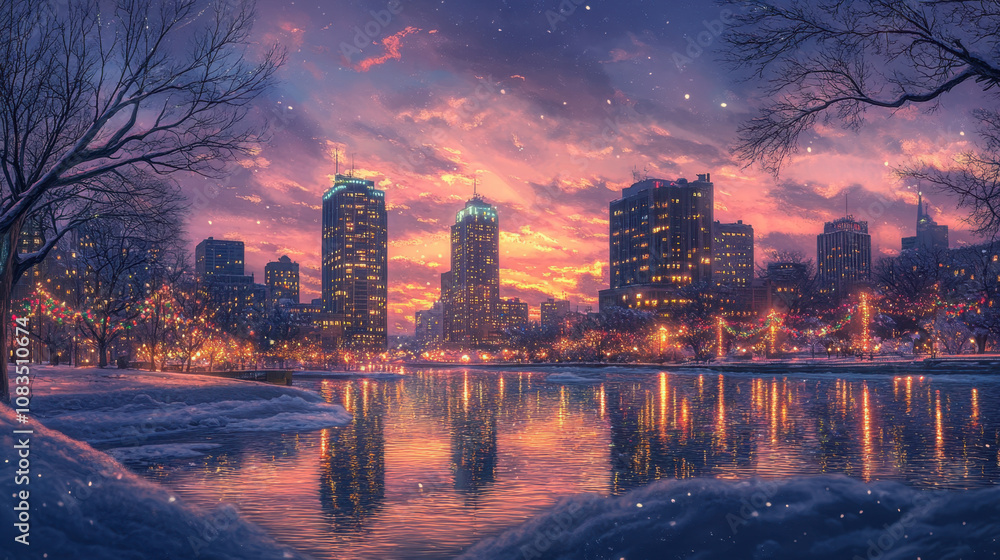Obraz premium Cityscapes and reflections on the water at dusk during the Christmas and New Year festivals.