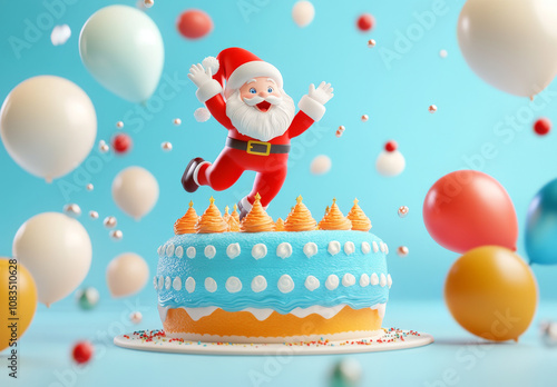 3D Santa Claus Jumping on Cake with Balloons and Sprinkles  .