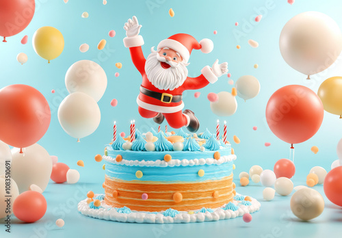 3D Santa Claus Jumping on Cake with Balloons and Sprinkles  .