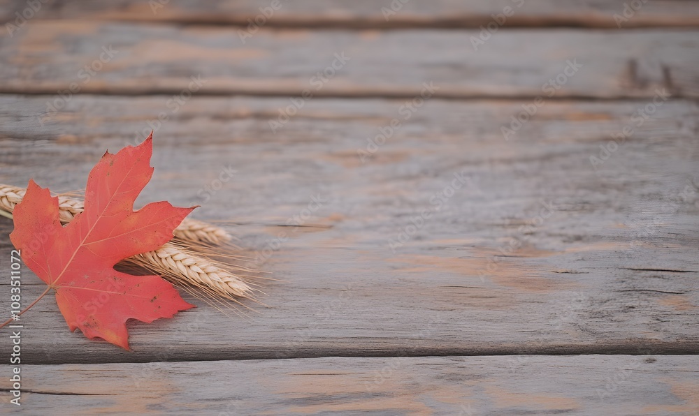 Obraz premium Autumn theme composition with wheat spikes on old wooden table decorated with red maple leaves, Generative AI 