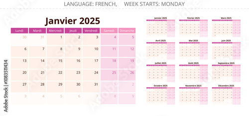 2025 year french page calendar. Vector illustration set France - calendrier