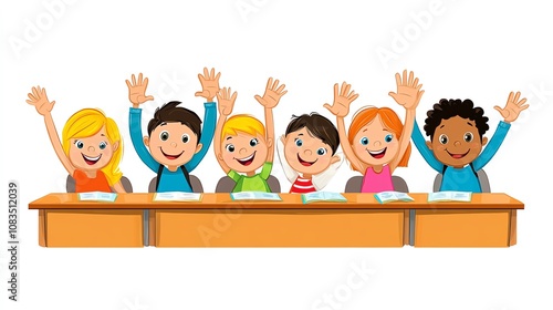 Wallpaper Mural a 2D cartoon illustration of students raising their hands in a classroom, eager and attentive, white background--ar 16:9 Torontodigital.ca