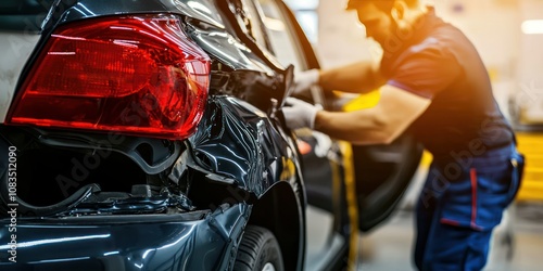 . Vehicle in a collision repair shop with technicians working on dents and scratches.