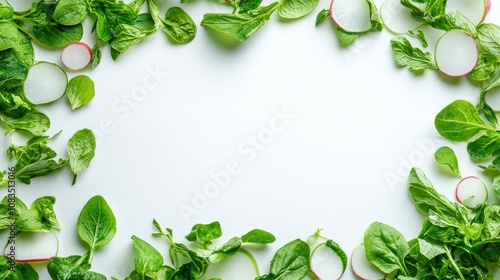 Sliced Radishes and Green Onions Frame on white background