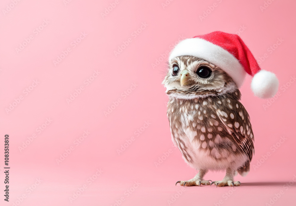 Obraz premium Adorable Owl in Pastel Red Santa Hat on Solid Background .
