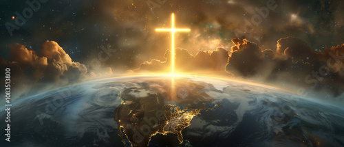 A glowing Catholic cross radiates golden light as it hovers over the planet Earth, surrounded by swirling clouds