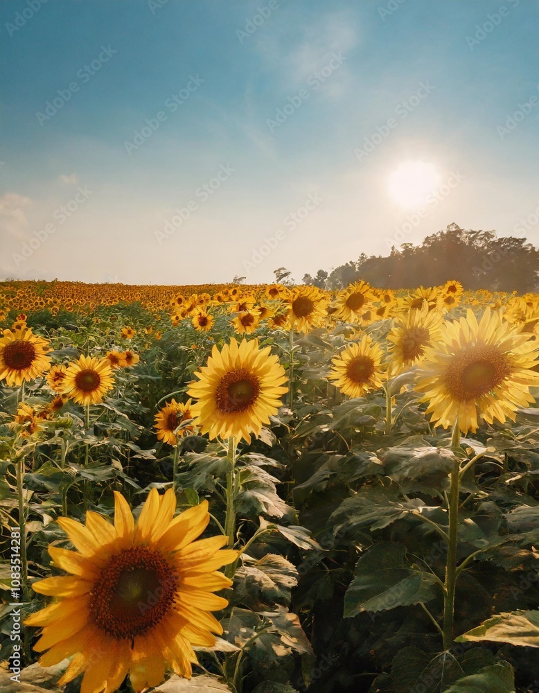 Obraz premium Golden Fields of Sunflowers Stretching Toward the Horizon, With Their Faces Turned Toward the Sun Under a Bright Summer Sky, Creating a Picturesque Countryside Scene