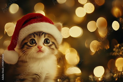 Playful kitten in Santa hat by the Christmas tree, cozy living room with festive decorations, soft golden lights photo