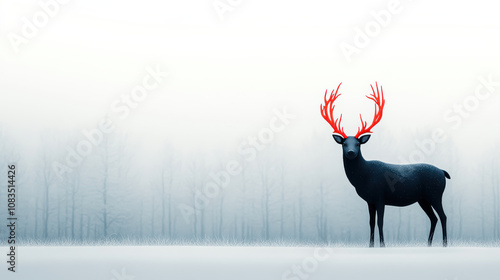 sleek black reindeer with striking red antlers stands in snowy landscape, surrounded by misty atmosphere. serene scene evokes sense of calm and wonder