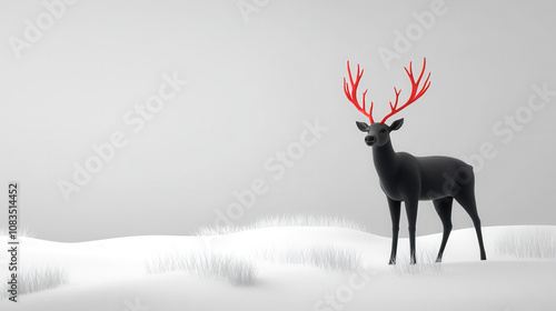 sleek black reindeer with striking red antlers stands gracefully in snowy landscape, surrounded by soft white snow and gentle grass. serene atmosphere evokes sense of winter wonder