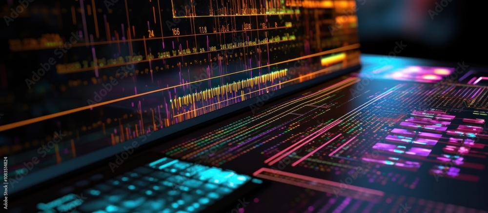 Obraz premium Closeup of a computer screen displaying colorful data and code.