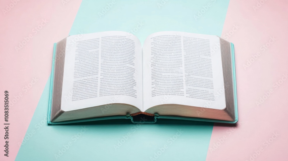 Fototapeta premium An open book resting on a pastel-colored surface, showcasing its pages.