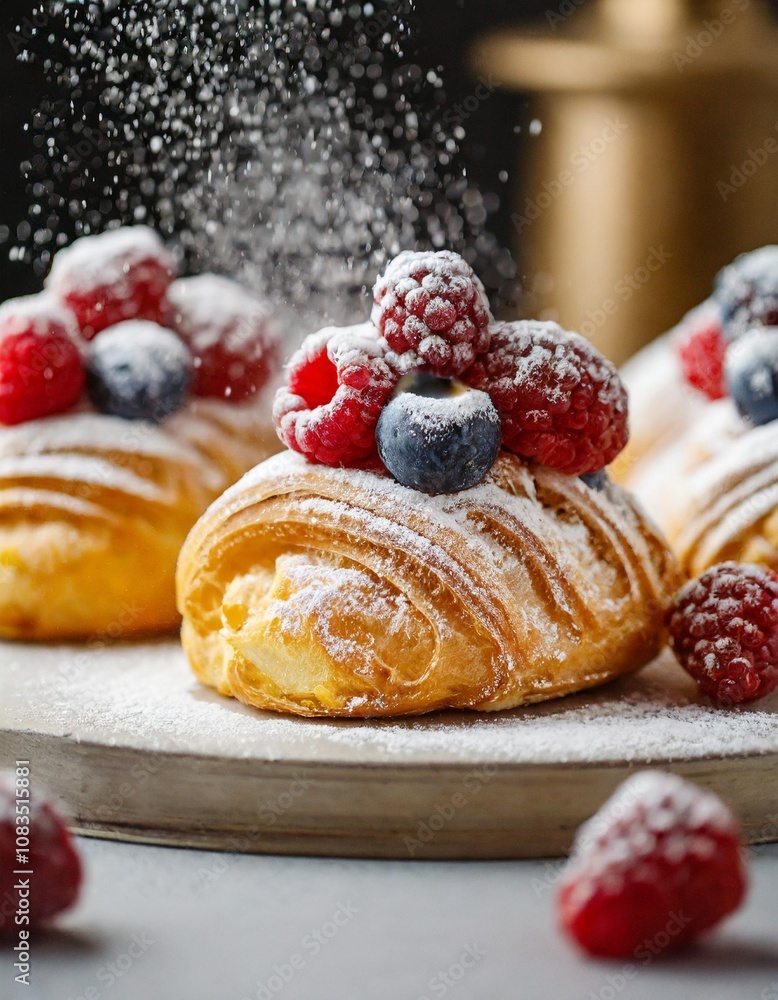 custom made wallpaper toronto digitalDelicate French Pastries Topped with Fresh Berries and Light Dusting of Powdered Sugar, Captured in a Bright and Airy Bakery with a Focus on Detail and Elegance
