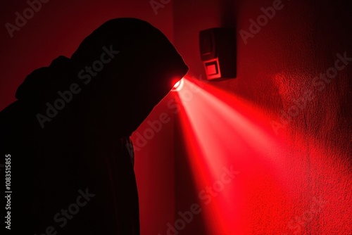 A silhouetted burglar in a hooded garment stands in a red-lit hallway, lurking in the shadows while planning a break-in to a home. Generative AI photo