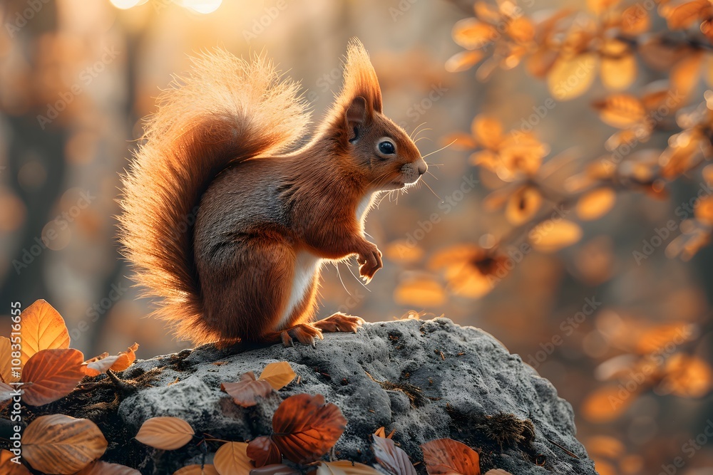 Obraz premium Autumn Serenity with Squirrel in Forest Setting - Nature Wildlife Photography