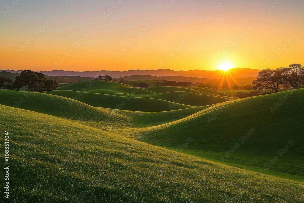Fototapeta premium Serene landscape at sunrise, showcasing rolling green hills and a vibrant sky.