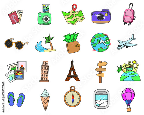 set of elements related to traveling activities, such as passport, camera, map, sunglasses, beach, globe, airplane, Leaning Tower of Pisa, Eiffel Tower, airplane window, and hot air balloon.
