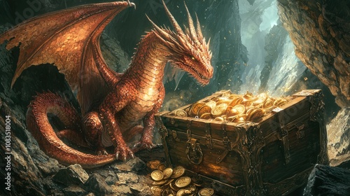 A detailed illustration of a dragon coiled around a treasure chest, guarding its hoard