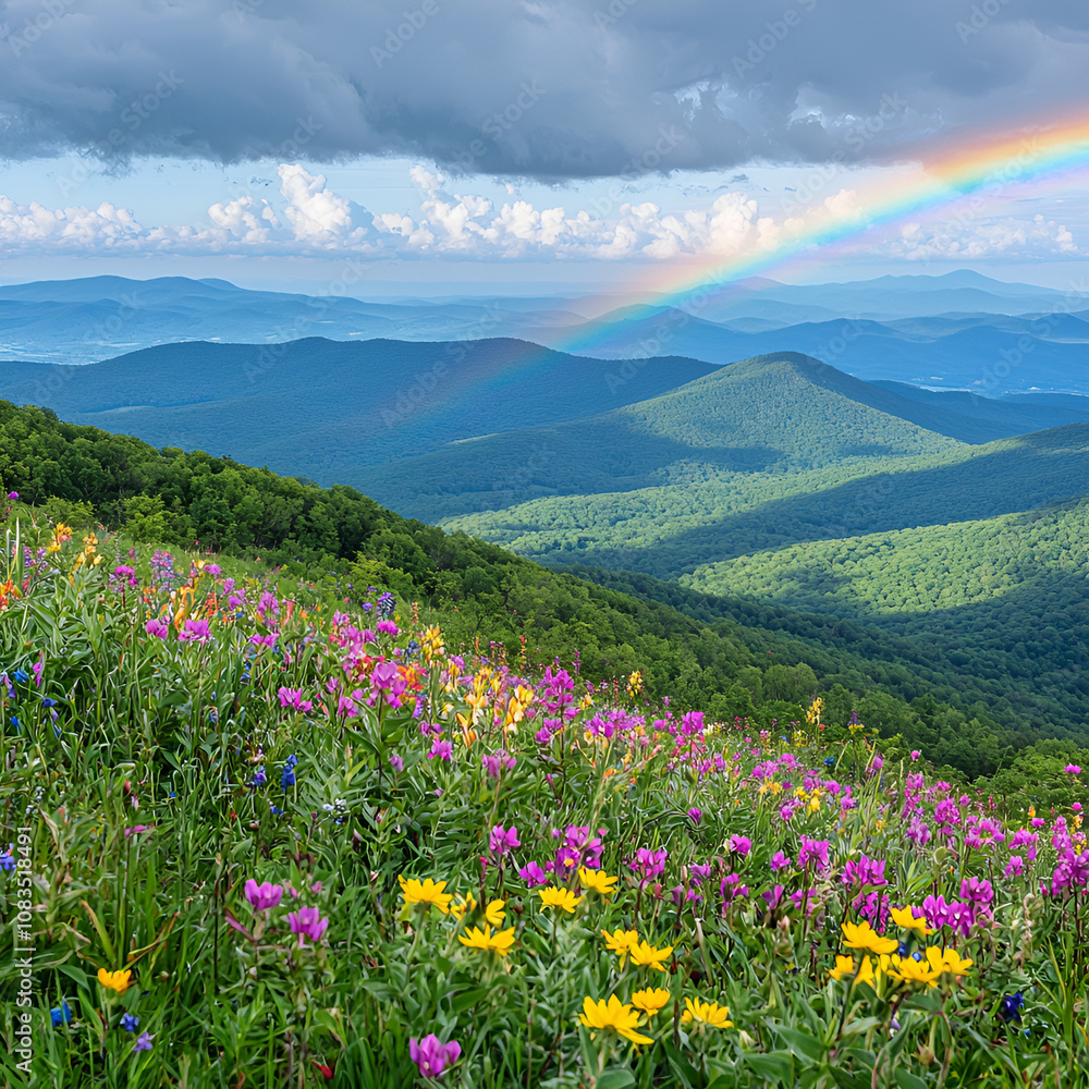 Obraz premium Vibrant rainbow over lush valley landscape
