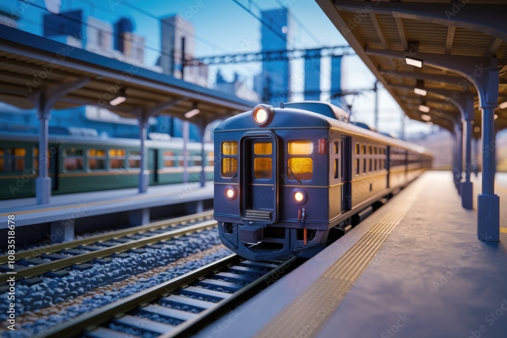 Fototapeta premium A train pulls into a station in a city with the city skyline visible in the background.