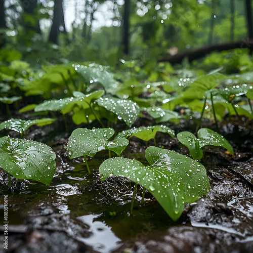 Misty forest serenity with rain drops