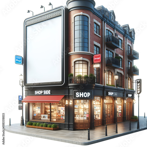 Road side shop empty billboard 3d outdoor advertising design isolated on transparent background