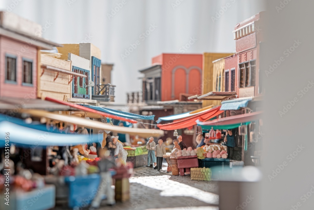 Fototapeta premium Miniature model of a bustling marketplace with colorful buildings and tiny figures.