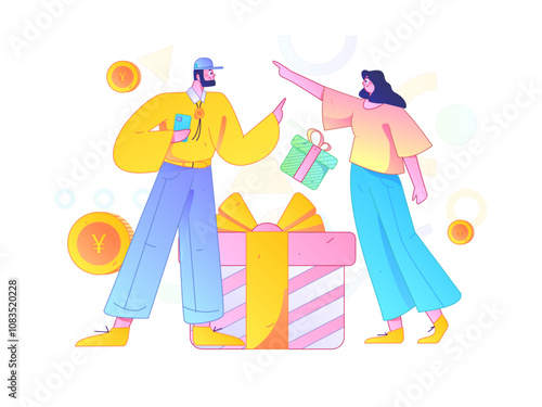 Holiday shopping people doing e-commerce online shopping flat vector concept operation hand drawn illustration
