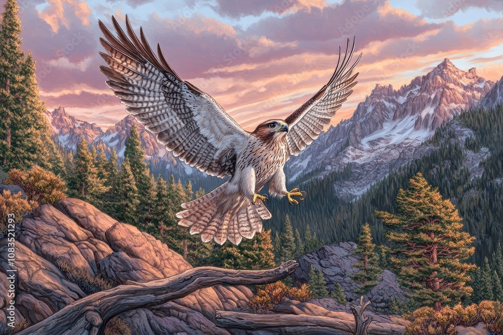 Fototapeta premium Falcon in Flight Over Mountain Landscape