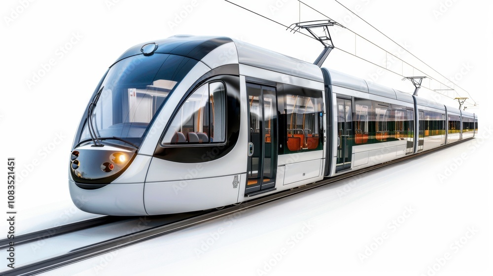 Naklejka premium A modern tram with a sleek design, isolated on a white background