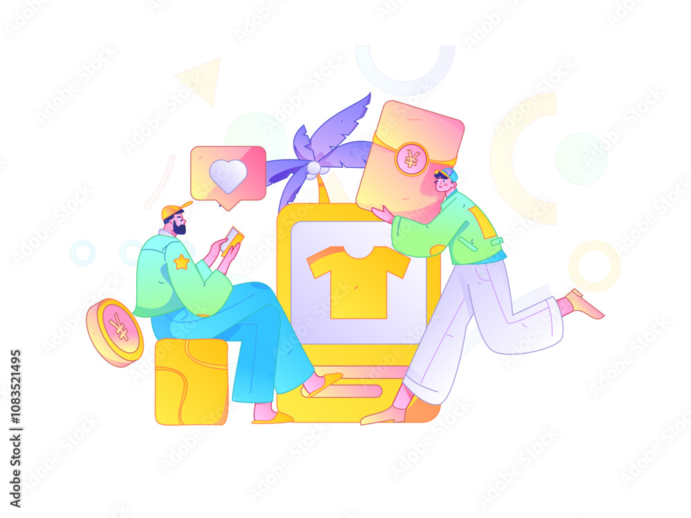 Fototapeta premium Holiday shopping people doing e-commerce online shopping flat vector concept operation hand drawn illustration 