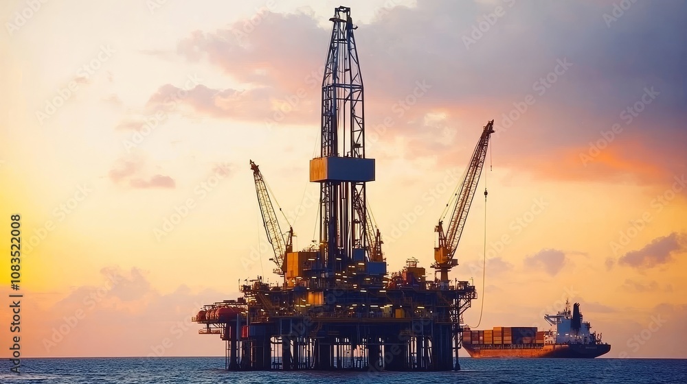 Obraz premium Offshore oil drilling at sunset in Huntington Beach, California, industrial machinery extracting fossil fuels like crude oil and natural gas, highlighting energy production and environmental concerns