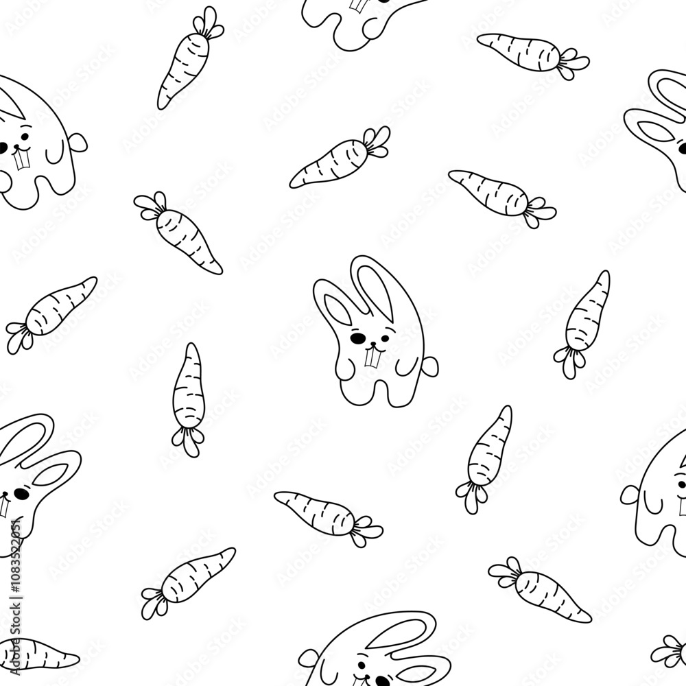 Obraz premium Cute rabbit character. Seamless pattern. Coloring Page. Kawaii cartoon hare. Vector drawing. Design ornaments.