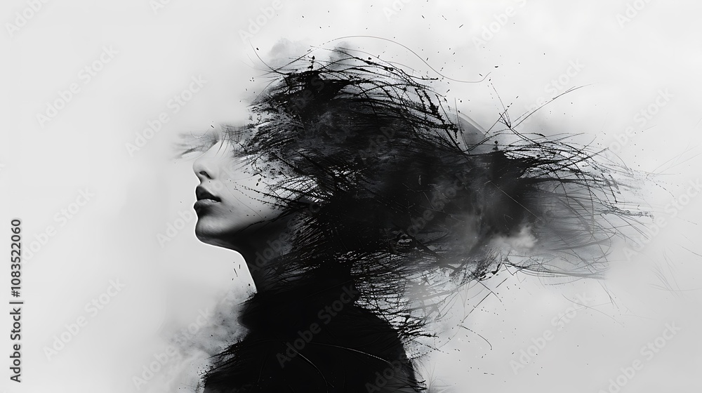 Fototapeta premium A surreal portrait blending human features with abstract elements, exploring themes of identity and emotion.