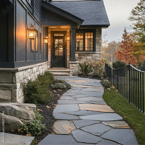 Flagstone paver walkway, front door entry exterior, cozy, cinder and breezeway fence wall, lighting. photo