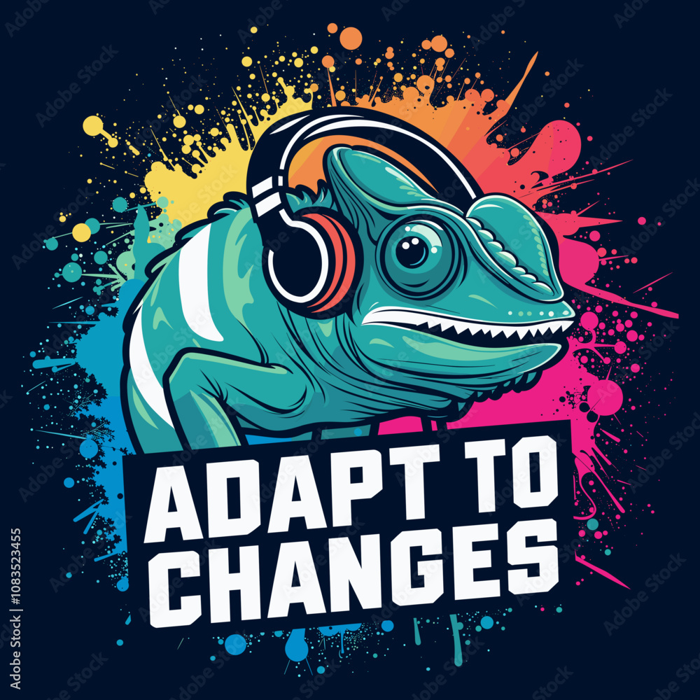 Obraz premium Vibrant Chameleon with Headphones and Colorful Splatter Art Design - Adapt to Changes - T-Shirt Print Design